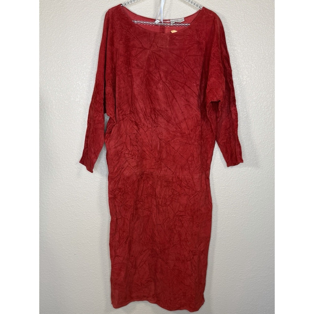 Vtg Genuine Womens Red Leather Dress Sz M Long Sleeve Retro Edgy Midi Minimalist